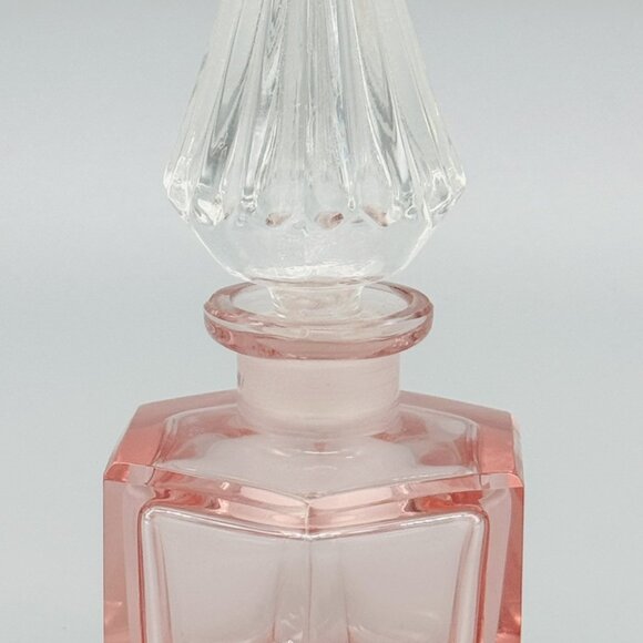 Unbranded Other - Pink Glass Hexagonal Perfume Bottle Clear Diamond Shaped Stopper Czech 5 inch